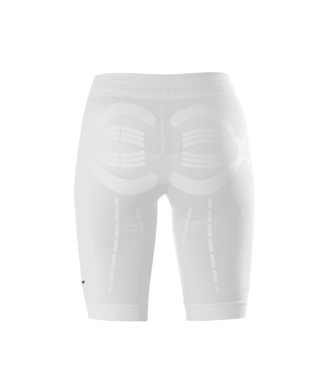 3D product render of white Floky Activator compression shorts showing rear view with prominent anatomical glute compression zones and thigh zone mapping, product illustration on white background
