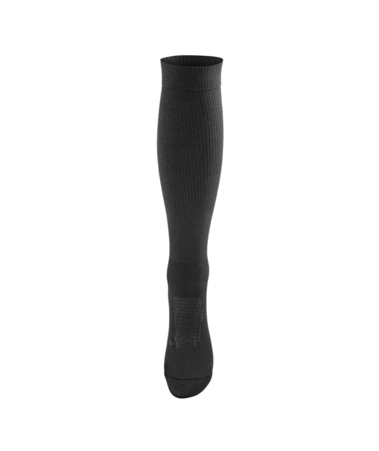 Front view of single charcoal black Floky over-the-calf compression sock standing upright with ribbed cuff and smooth knit body, product shot on white background