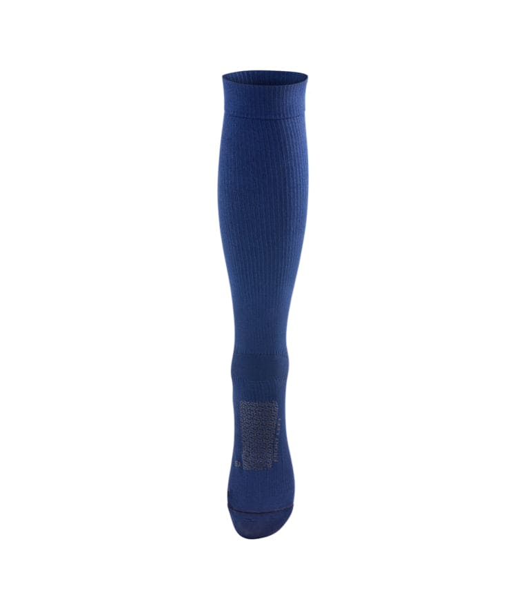Single royal blue Floky over-the-calf compression sock standing upright with ribbed cuff and subtle textured knit pattern, product shot on white background