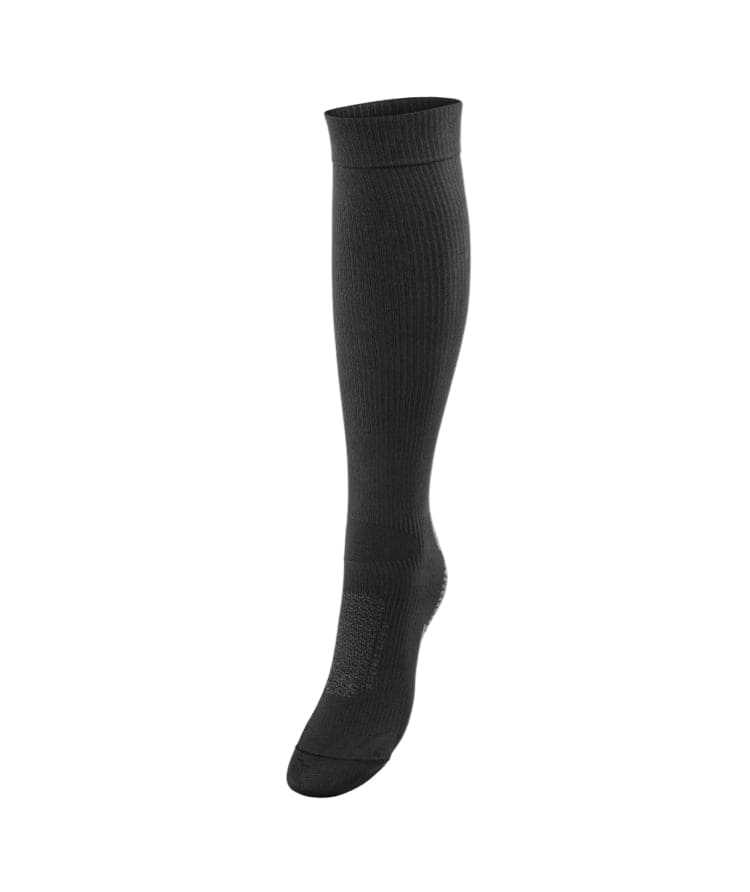 Side view of single charcoal black Floky over-the-calf compression sock with ribbed cuff and smooth knit texture, product shot on white background