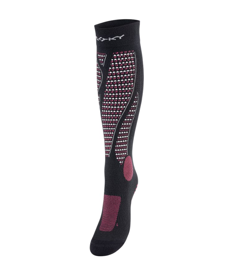 Floky RUN UP Long over-the-calf compression sock in black with magenta pink Floky logo and pink dot compression pattern and heel panel, side view on white background