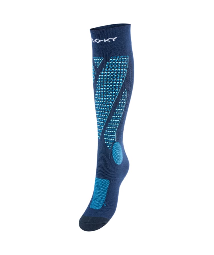 Floky RUN UP Long over-the-calf compression sock in dark navy blue with teal Floky logo and teal dot compression pattern and heel panel, side view on white background
