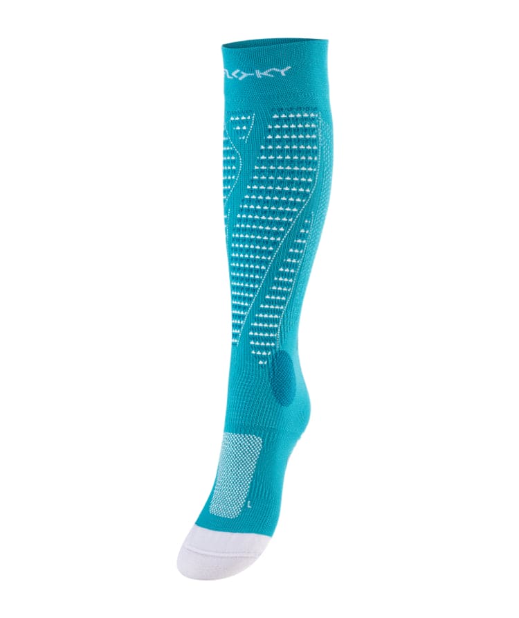 Floky RUN UP Long over-the-calf compression sock in light blue teal with white Floky logo and white dot compression pattern, side view on white background