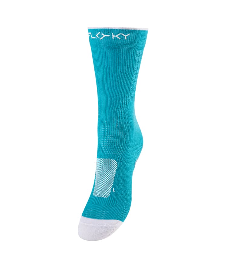 Floky RUN UP Medium calf-height running sock in light blue teal with white Floky logo at cuff and white heel patch, side view on white background