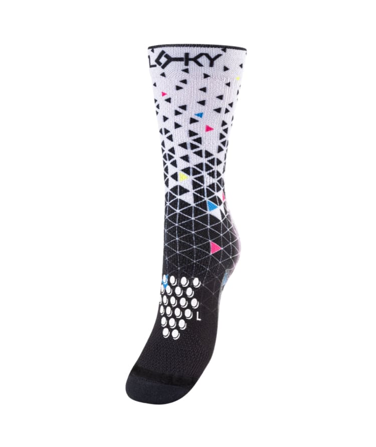 Floky S-Mash sock in white to black gradient with geometric triangle grid pattern and multicolour accent triangles, product shot on white background