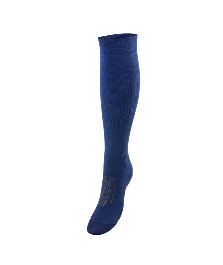 Side view of single royal blue Floky over-the-calf compression sock with grey heel panel and ribbed cuff, product shot on white background