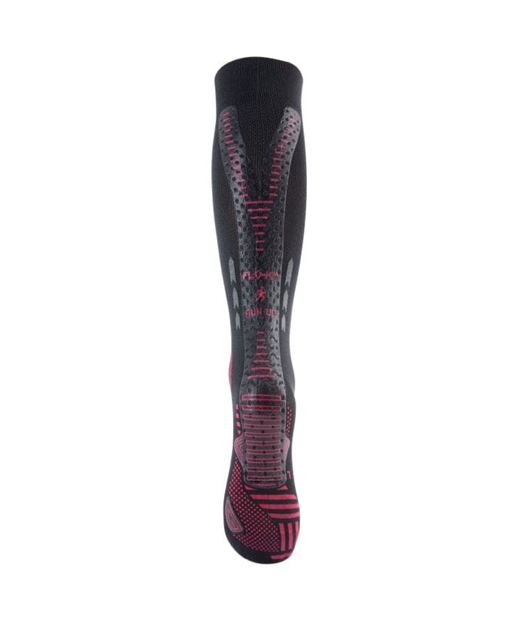 Floky RUN UP Long over-the-calf compression sock in black with magenta pink Floky and RUN UP logo and pink compression zones, front view on white background