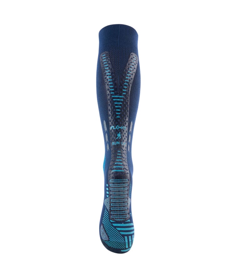 Floky RUN UP Long over-the-calf compression sock in dark navy blue with teal Floky and RUN UP logo and teal compression zones, front view on white background