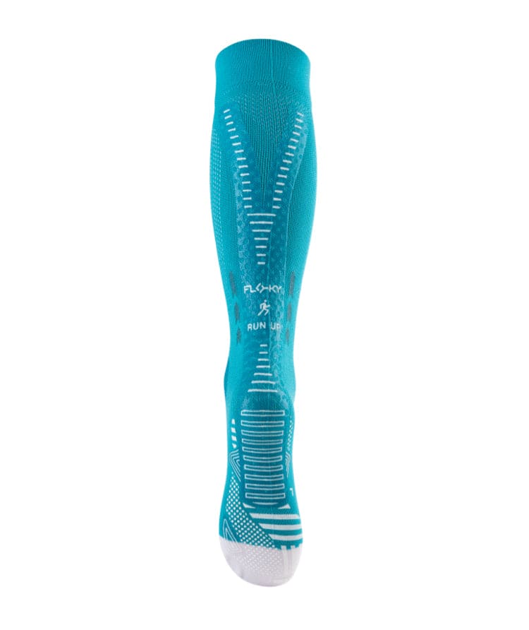 Floky RUN UP Long over-the-calf compression sock in light blue teal with white Floky and RUN UP logo and white compression zones, front view on white background