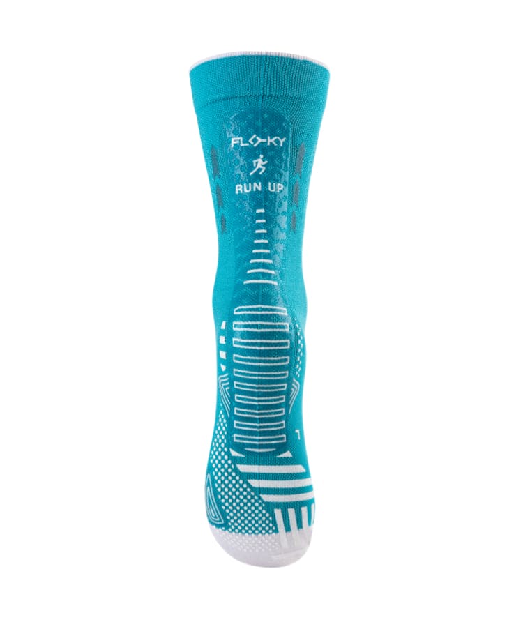 Floky RUN UP Medium calf-height running sock in light blue teal with white Floky and RUN UP logo at cuff and white compression zones and arch panel, front view on white background