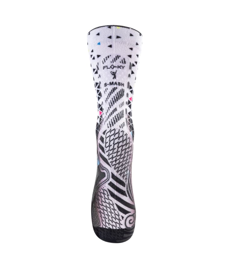 Floky S-Mash sock in white with bold black tribal geometric triangle and spiral pattern, product shot on white background
