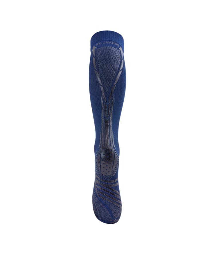 Single navy blue Floky RE-CHARGE over-the-calf compression sock standing upright with grey wavy stripe pattern detailing on navy body, product shot on white background