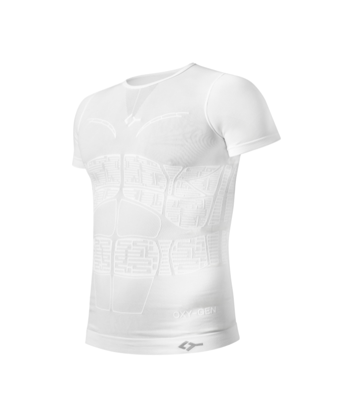 Three-quarter front view of white Floky OXY-GEN short sleeve compression jersey on ghost mannequin showing side and front chest muscle panels, abdominal compression grid zones and Floky logo at hem, product shot on white background