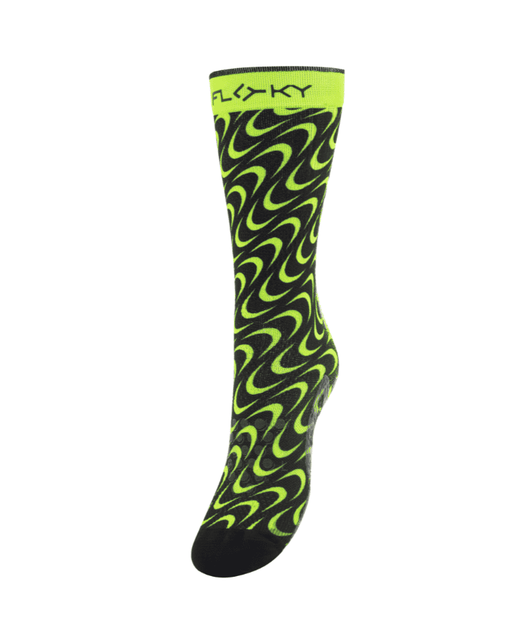 Floky S-Mash sock in neon yellow-green with black tribal flame swirl pattern, product shot on white background