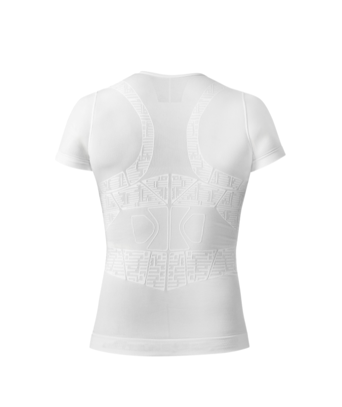 Rear view of white Floky OXY-GEN short sleeve compression jersey on ghost mannequin showing back shoulder blade panels, spinal column ribbing and lower back compression grid zone mapping, product shot on white background