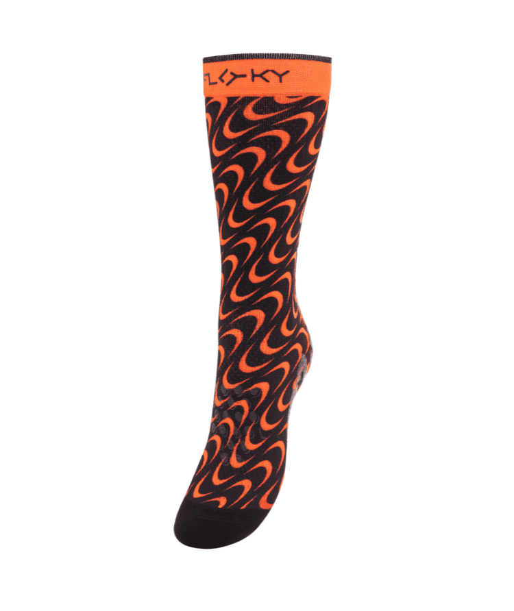 Floky S-Mash sock in black with orange tribal flame swirl pattern, product shot on white background