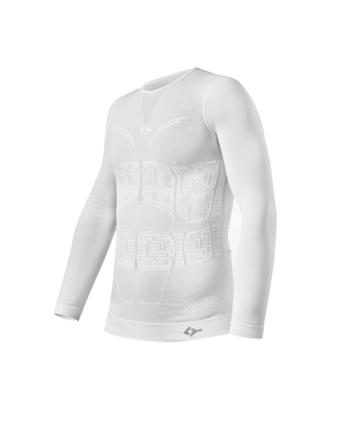 Three-quarter front view of white Floky OXY-GEN long sleeve athletic compression jersey on ghost mannequin showing detailed muscle-support panel structures and compression zone mapping, Floky logo at hem, product shot on white background