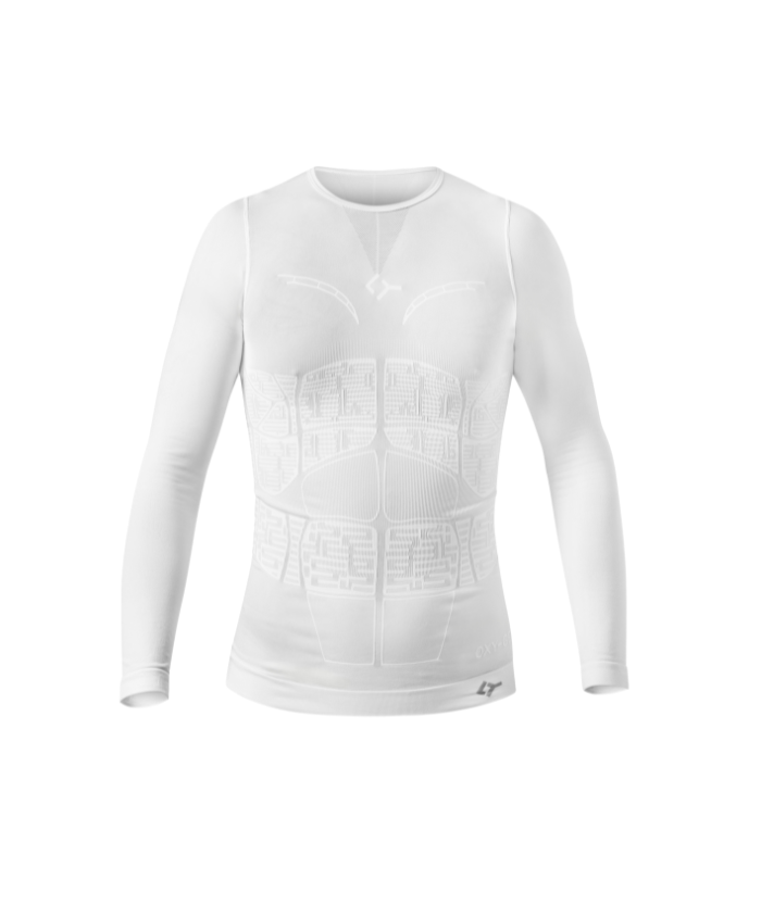 Front view of white Floky OXY-GEN long sleeve athletic compression jersey on ghost mannequin showing structured compression zone panel mapping in subtle grey print with Floky logo at hem, product shot on white background