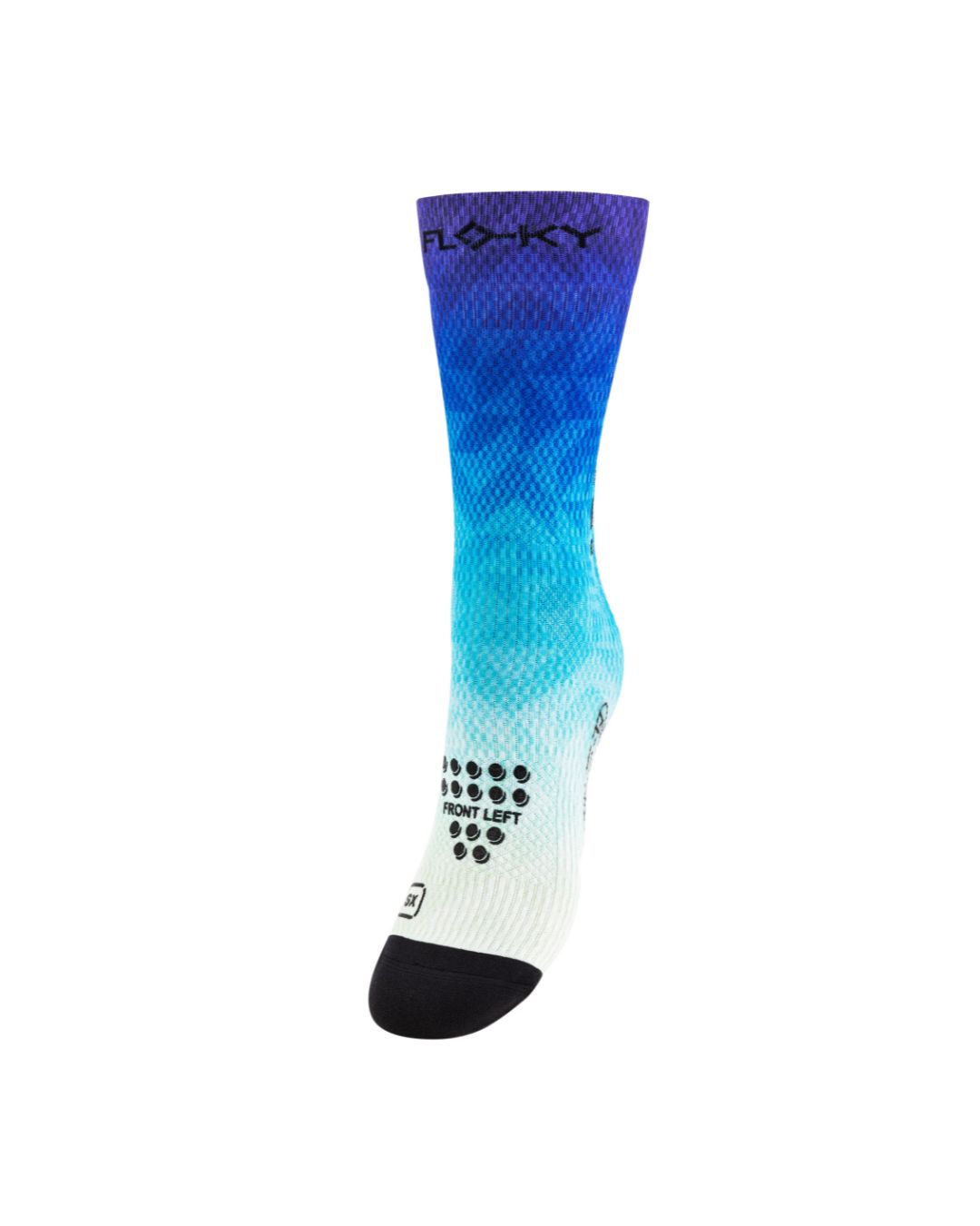 Floky S-Print sock in blue to white ombre gradient with diamond texture pattern and anti-grip sole, side view on white background
