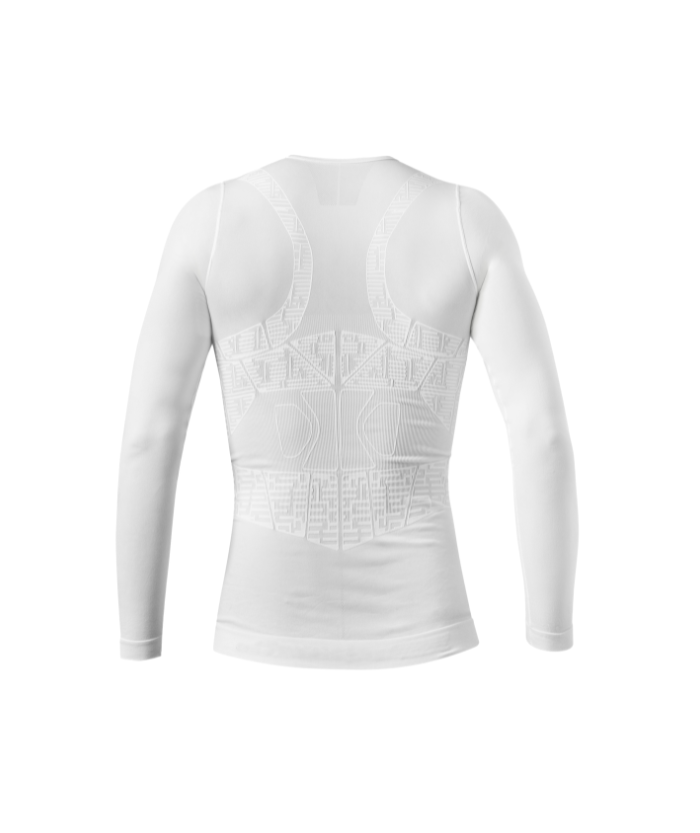 Rear view of white Floky OXY-GEN long sleeve athletic compression jersey showing structured back panels and compression zone mapping in subtle grey print, product shot on white background