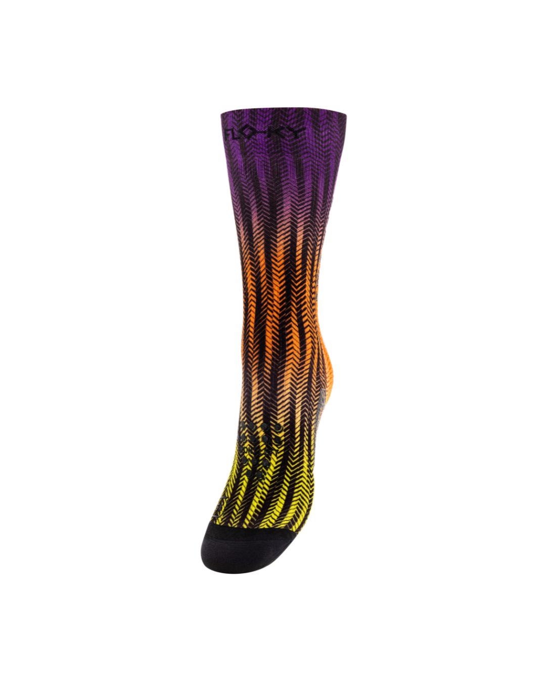 Floky S-Print sock with purple to orange to yellow ombre gradient and chevron pattern, side view on white background