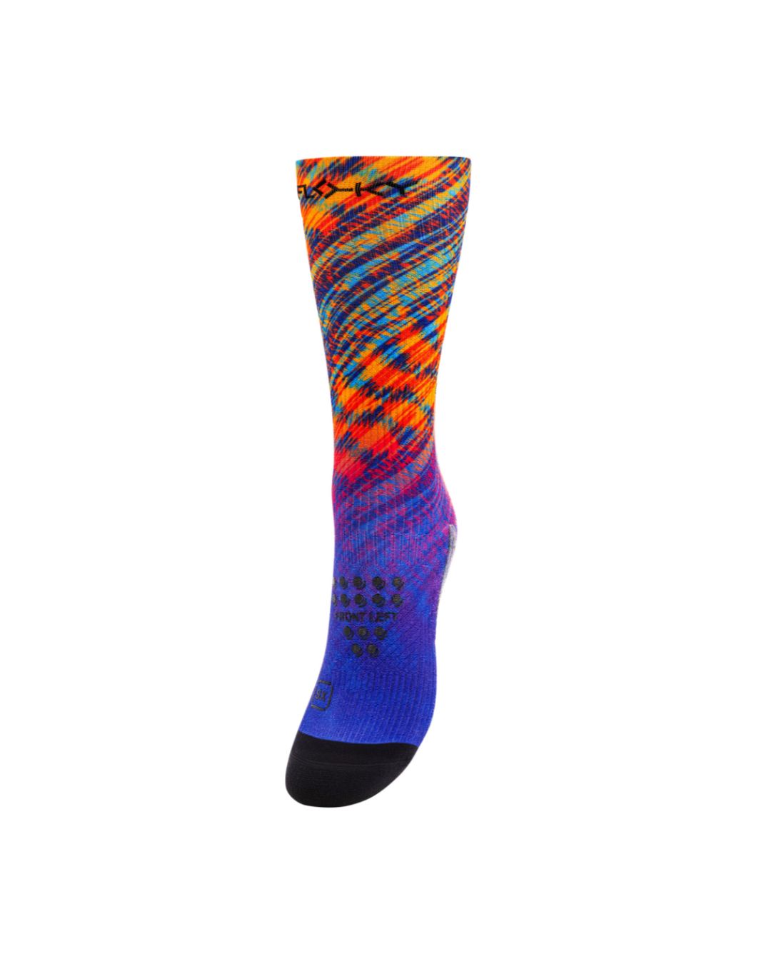 Floky S-Print sock in multicolour orange, red, blue and purple diagonal stripe pattern with black sole, side view on white background