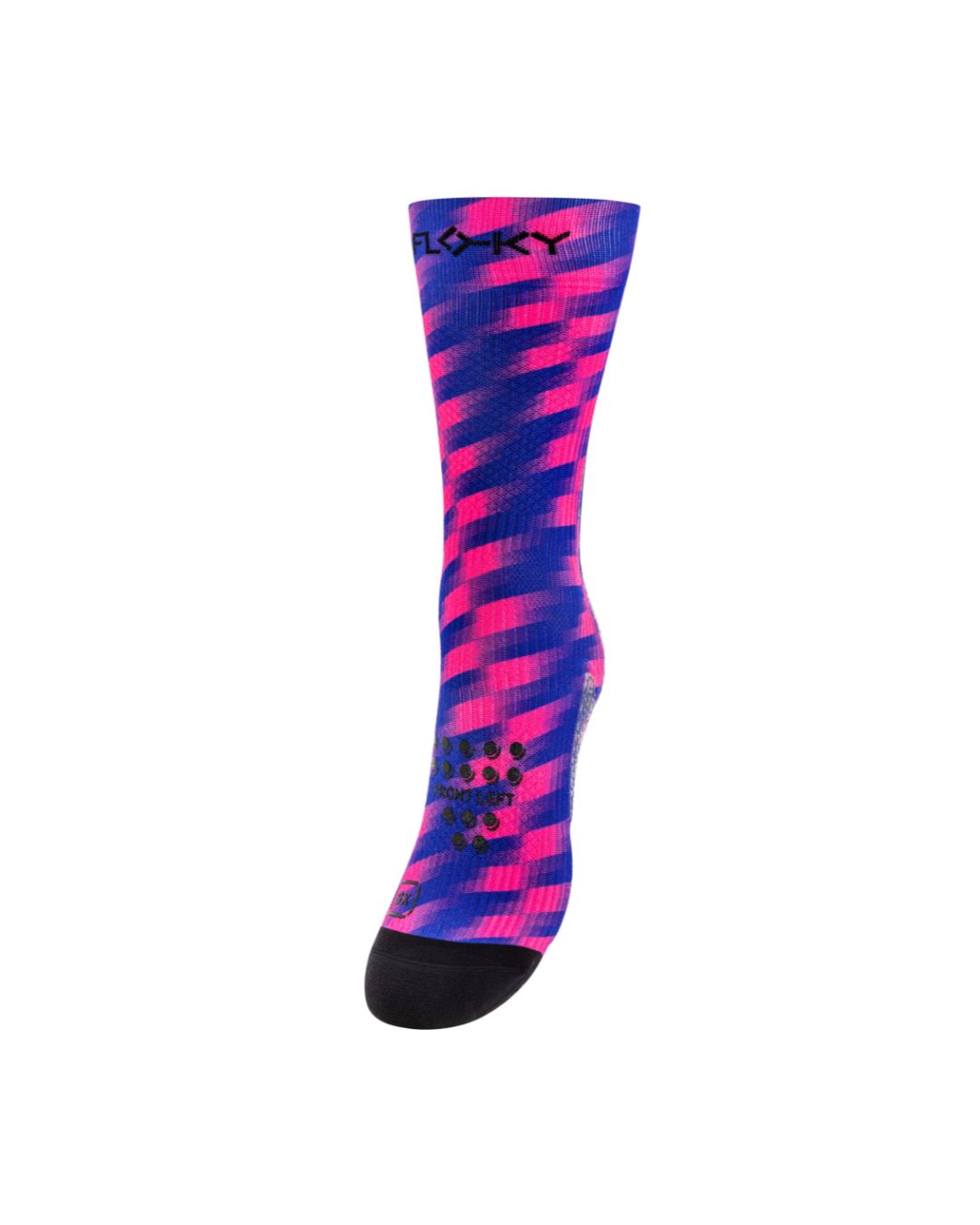 Floky S-Print sock in purple and pink geometric pattern with black toe cap, side view on white background