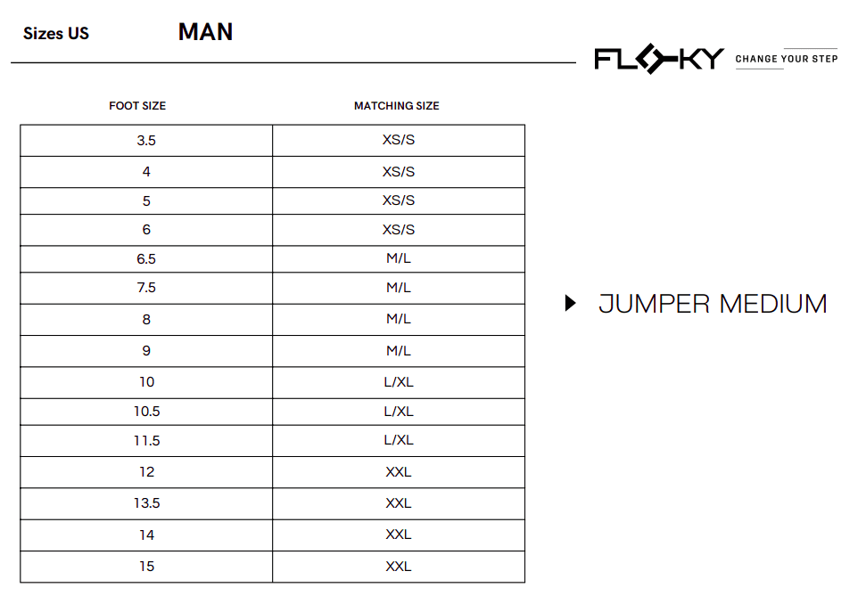 Men's US shoe size chart for Floky Jumper Medium sock showing foot sizes 3.5-15 mapped to XS/S, M/L, L/XL and XXL, Floky Change Your Step logo, white background with clean table format