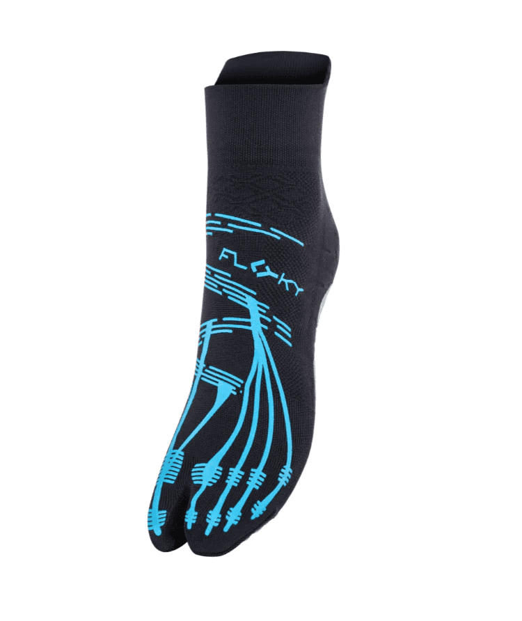 Angled side view of black Floky KINETICA Light Blue pilates grip sock showing cyan FLOKY logo, anatomical toe-line grip pattern and split-toe design, product shot on white background