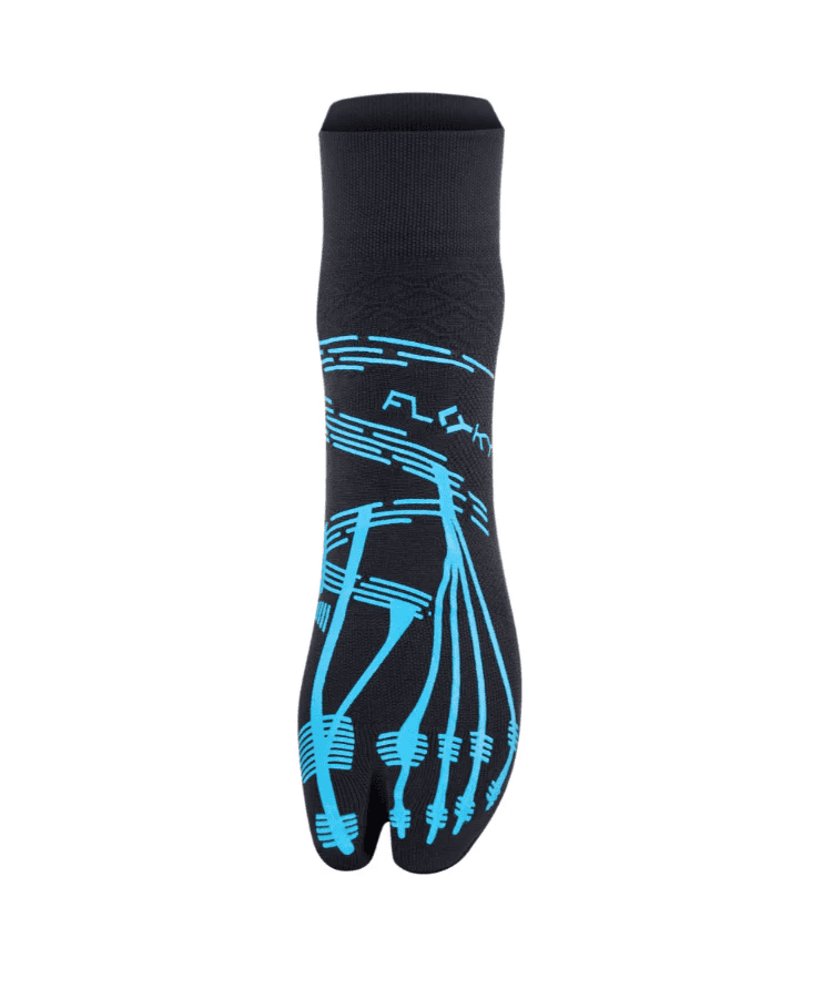 Front view of black Floky KINETICA Light Blue pilates grip sock showing cyan anatomical toe-line grip pattern, FLOKY logo in cyan at mid-foot and split-toe design, product shot on white background