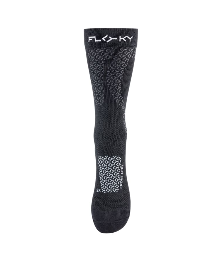 Front view of black Floky JUMPER medium-height compression sock with white FLOKY logo at cuff and grey honeycomb compression zone mapping at arch, product shot on white background