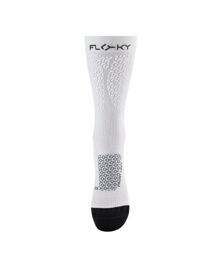 Front view of white Floky medium-height crew compression sock with FLOKY logo at cuff, grey honeycomb compression zone mapping at arch and black toe panel, product shot on white background