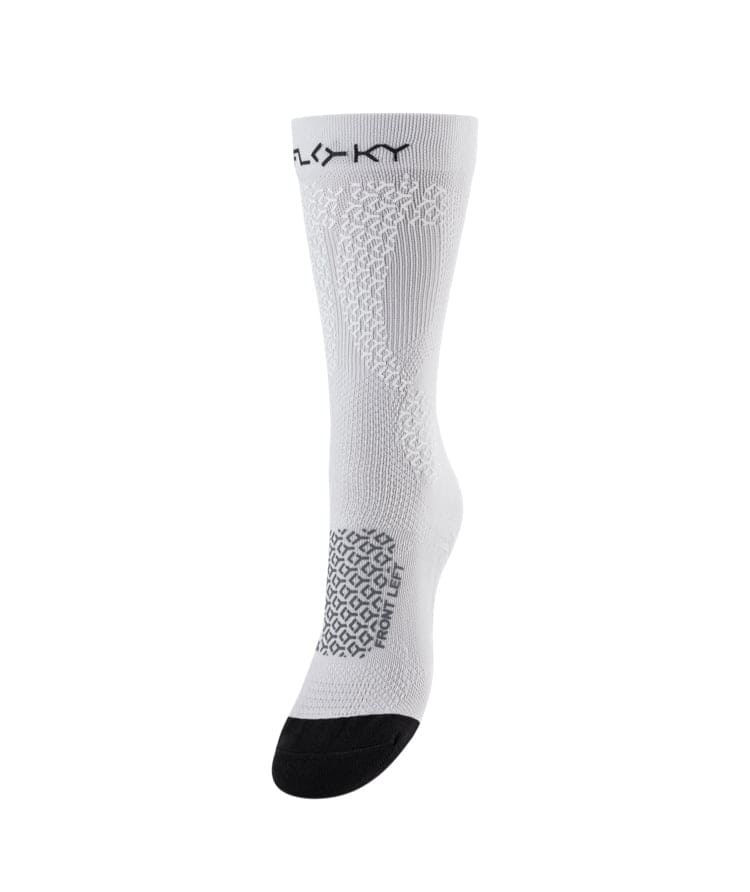 Side view of white Floky medium-height crew compression sock with grey honeycomb zone mapping, black toe panel, FLOKY logo at cuff and foot arch indicator text, product shot on white background