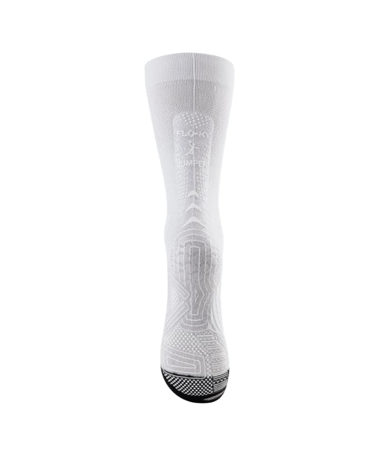 3/4 front view of white Floky over-the-calf compression sock with grey anatomical zone mapping and ribbed cuff, black rubber sole at base, FLOKY branding visible, product shot on white background