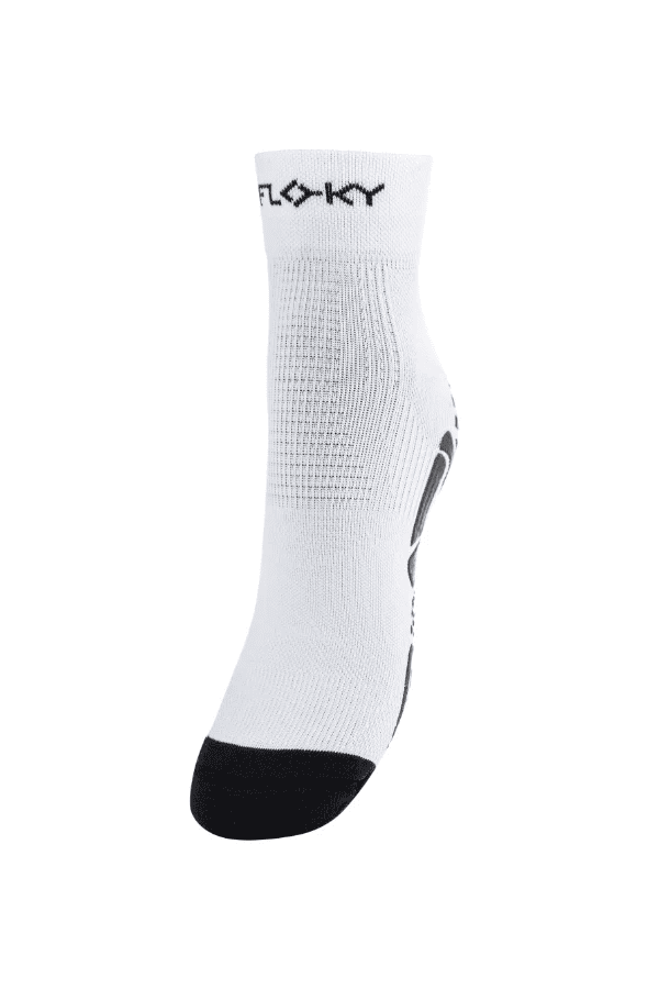 Floky Multisport short sock in white with black Floky logo at cuff and black toe, angled side view on white background