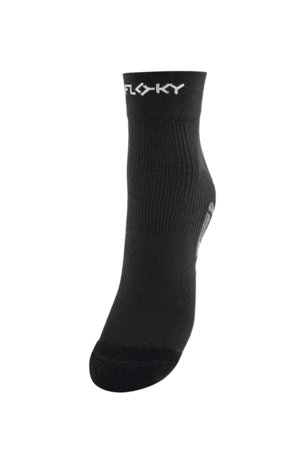 Floky Multisport short sock in black with white Floky logo at cuff, angled side view on white background