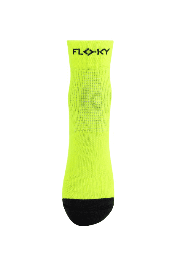 Floky Multisport short sock in neon yellow with black Floky logo at cuff and black toe, straight front view on white background