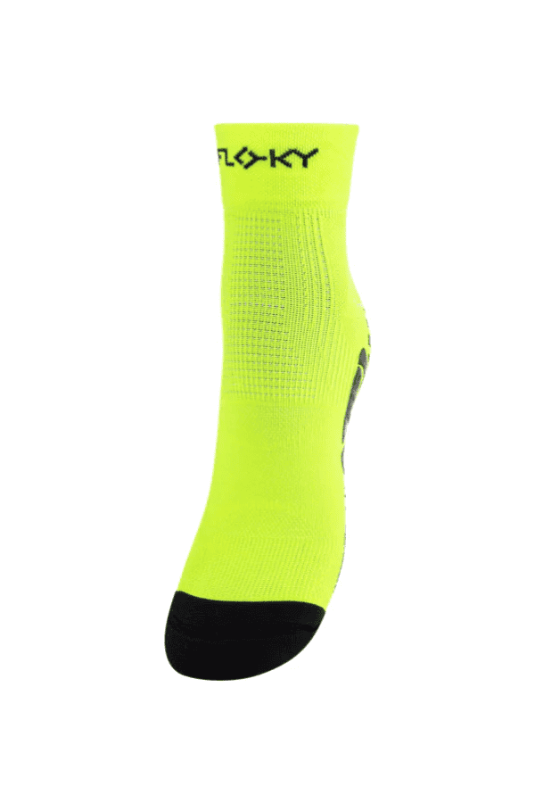 Floky Multisport short sock in neon yellow with black Floky logo at cuff and black toe, angled side view on white background