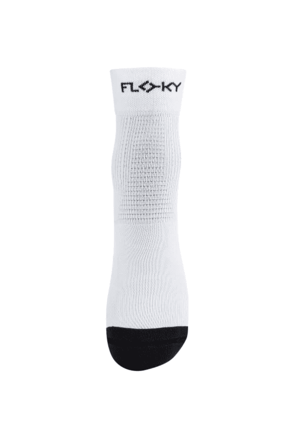 Floky Multisport short sock in white with black Floky logo at cuff and black toe, straight front view on white background