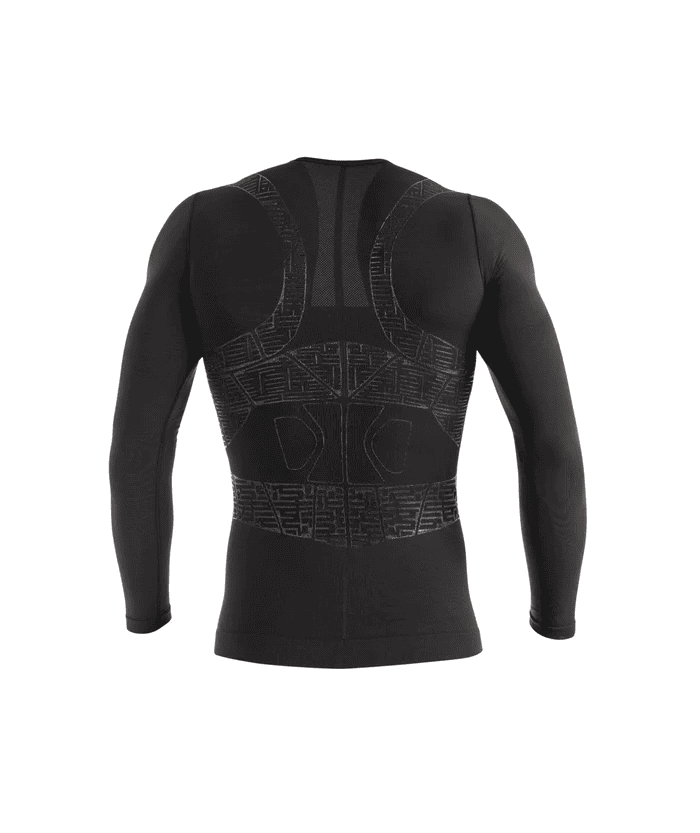 Rear view of black Floky OXY-GEN long sleeve compression jersey on ghost mannequin showing back muscle-mapped compression panels, spinal ribbed column, shoulder blade zones and lower back grid stitching, product shot on white background