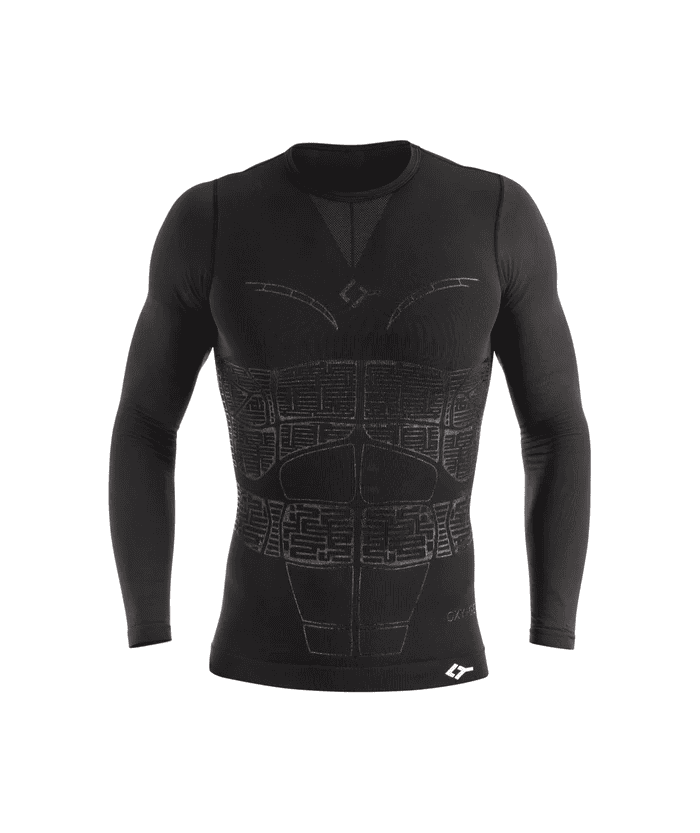 Front view of black Floky OXY-GEN long sleeve compression jersey on ghost mannequin showing full chest V-panel, abdominal compression grid zone detailing and Floky logo at hem, clean product shot on white background