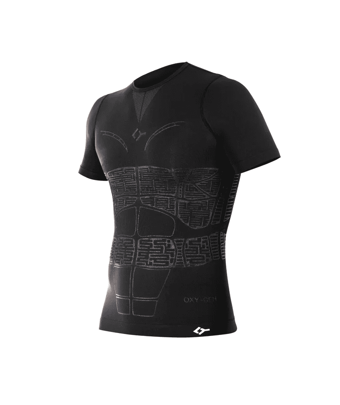 Three-quarter front view of black Floky OXY-GEN short sleeve compression jersey on ghost mannequin showing chest V-panel with Floky logo, abdominal compression grid zones and OXY-GEN branding at hem, product shot on white background