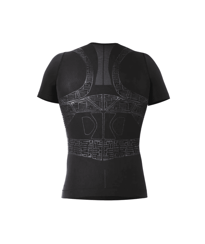 Front view of black Floky OXY-GEN short sleeve compression jersey on ghost mannequin showing chest V-panel, shoulder muscle-map panels, abdominal compression grid zones and lower torso shaping panels, product shot on white background