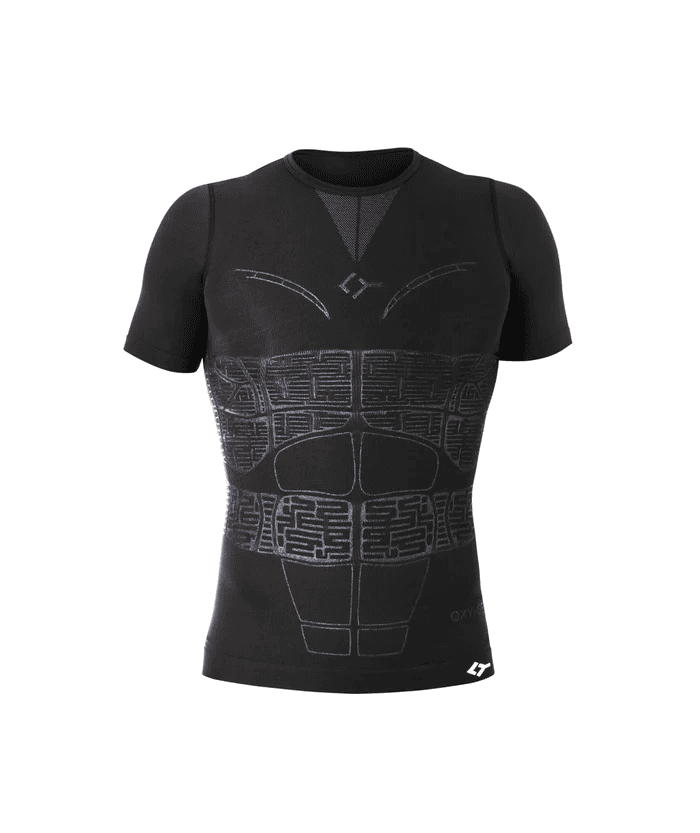 Front view of black Floky OXY-GEN short sleeve compression jersey on ghost mannequin showing distinctive wing chest V-panel with Floky logo, abdominal and lower torso compression grid zones with Floky branding at hem, product shot on white background