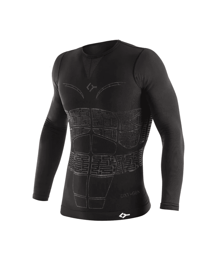 Three-quarter front view of black Floky OXY-GEN long sleeve compression jersey on ghost mannequin showing chest V-panel structure with Floky logo, abdominal compression grid zones and hem branding, product shot on white background