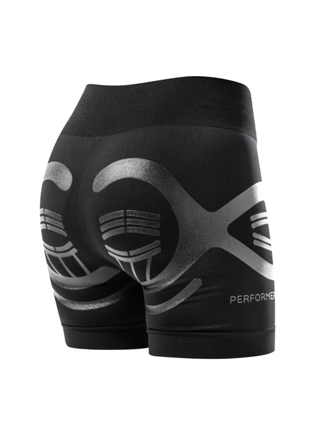 Floky Performer black bike shorts, angled product shot showing dual hip protection panels with Performer branding on white background