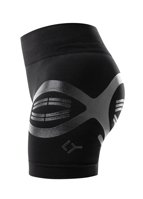 Floky Performer black bike shorts product shot showing structured hip protection panel detail on white background