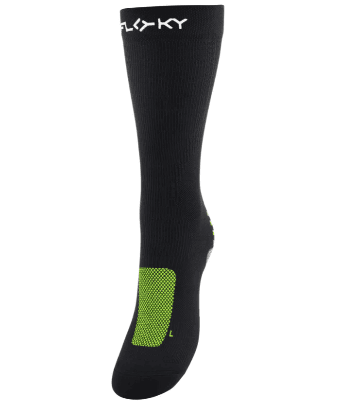 Floky RUN UP Medium calf-height running sock in black with neon yellow mesh heel patch and white Floky logo at cuff, side view on white background