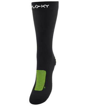 Floky RUN UP Medium calf-height running sock in black with neon yellow mesh heel patch and white Floky logo at cuff, side view on white background
