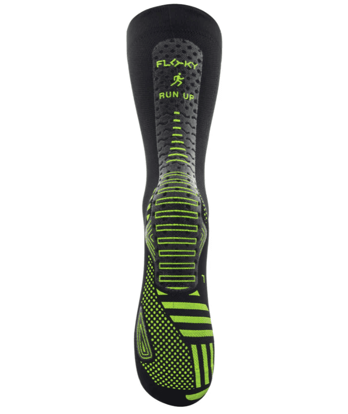 Floky RUN UP Medium calf-height running sock in black with neon yellow Floky and RUN UP logo at cuff and neon yellow compression zones and arch panel, front view on white background